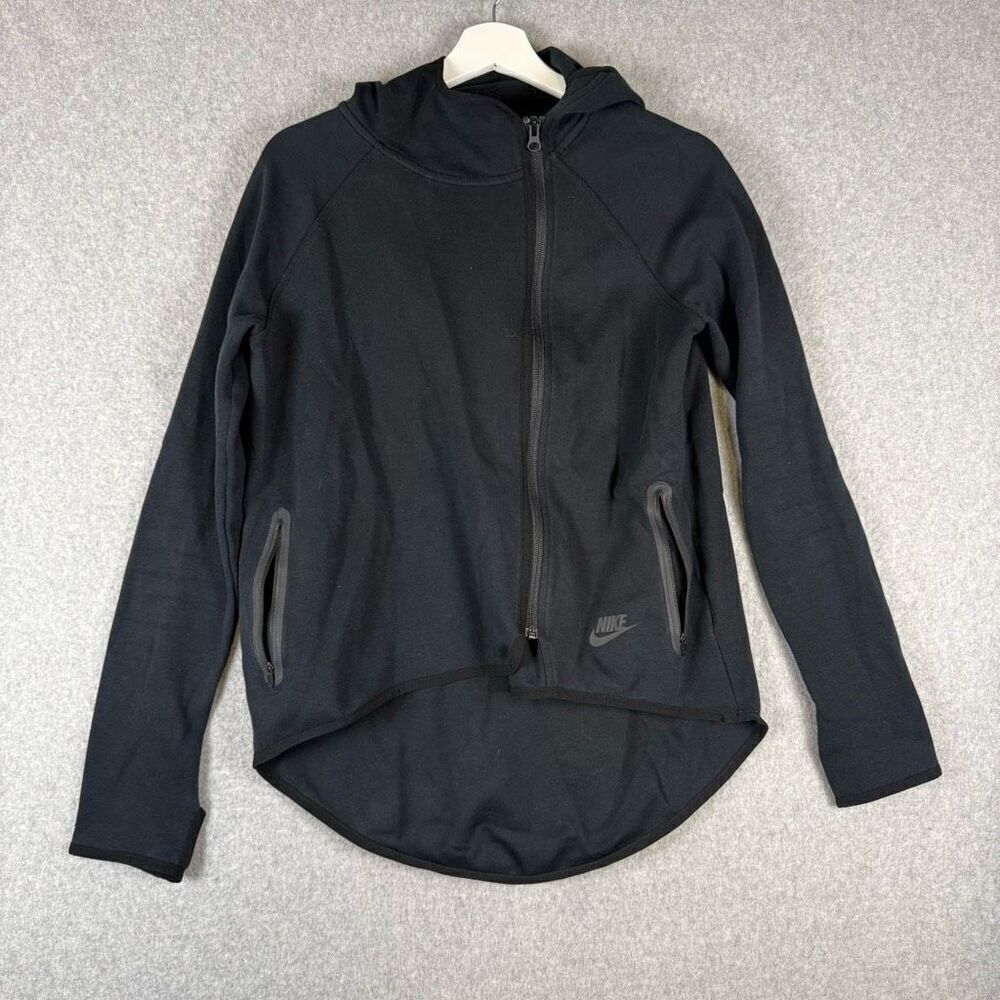 Nike Womens Small Tech Fleece Zip Front Hoodie Sweatshirt Black Tail Cape